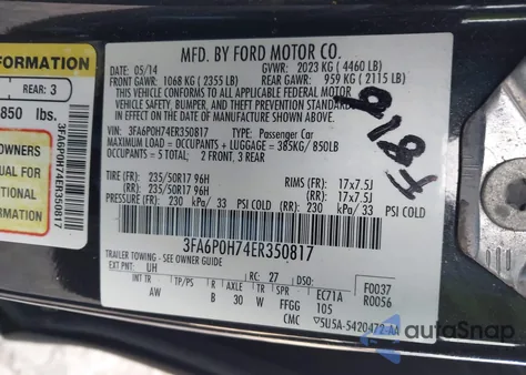 2014 Ford Fusion Se из США, поврежденный, VIN 3FA6P0H74ER350817